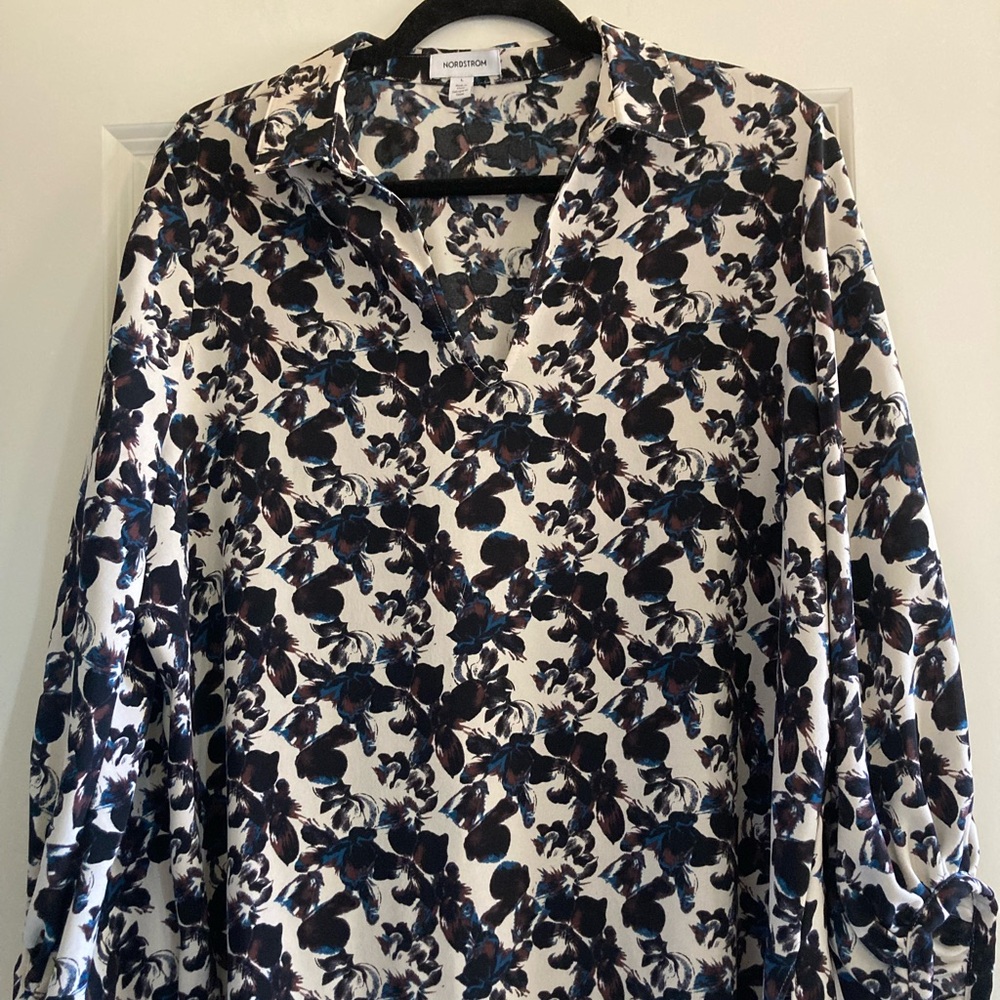Nordstrom Poet Sleeve Top, Sz L, Beige Rainy Day Blossoms